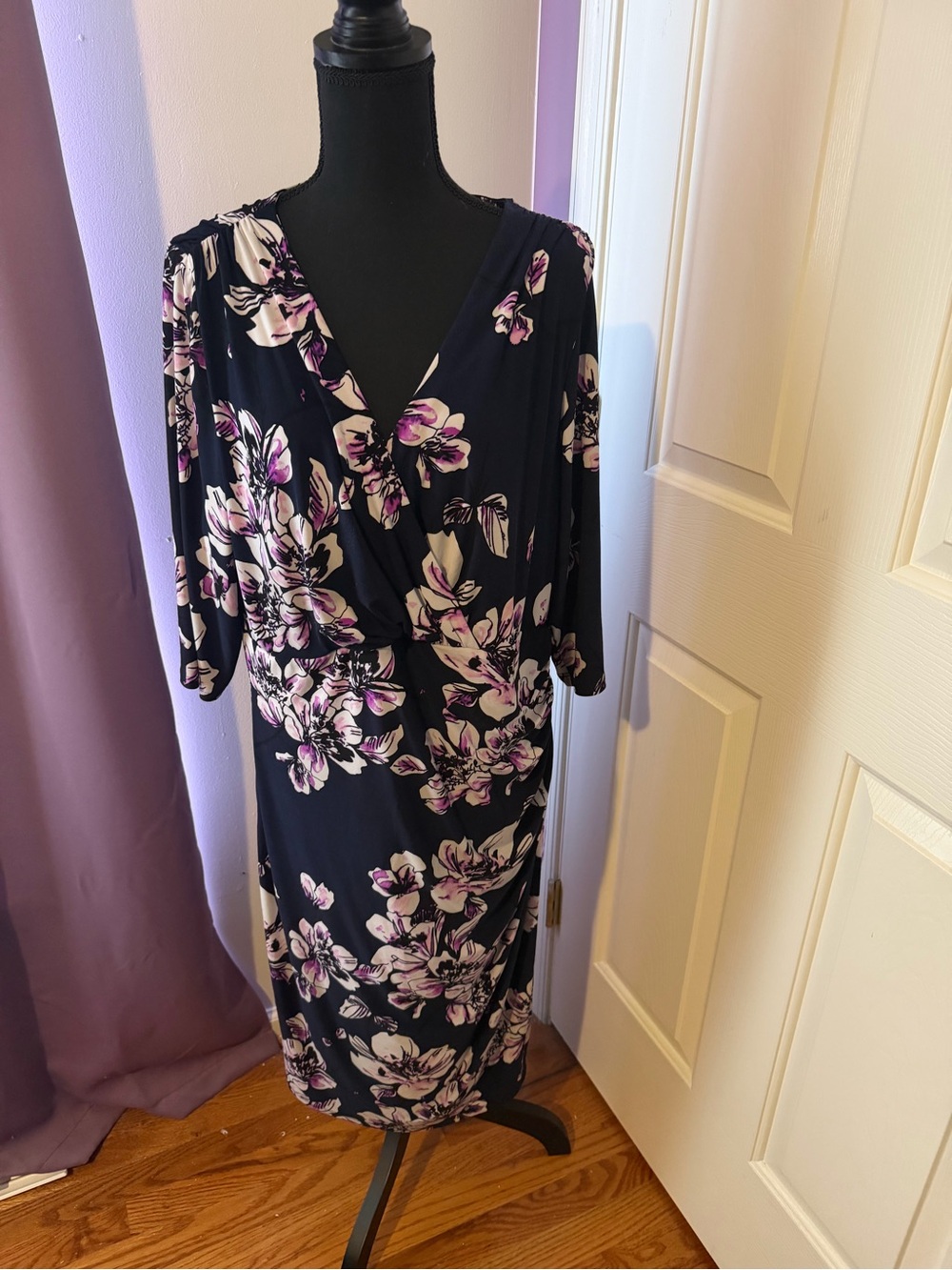 Lauren Ralph Lauren Navy Pink Floral Ruched Wrap-Style Dress 16W